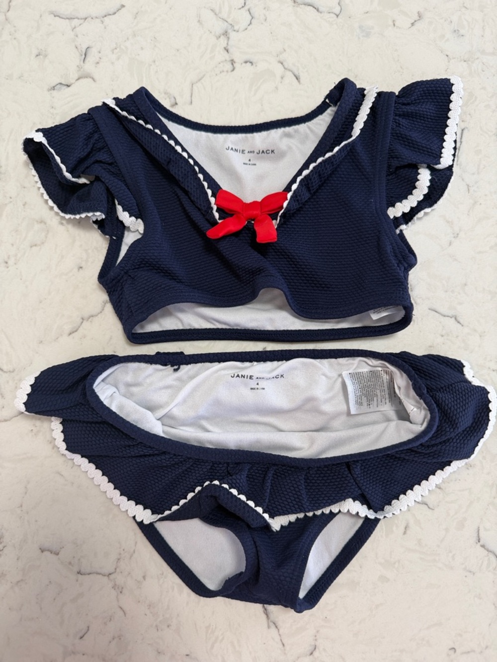 Janie and Jack Navy 4T Swimsuit with Red Accent Bow